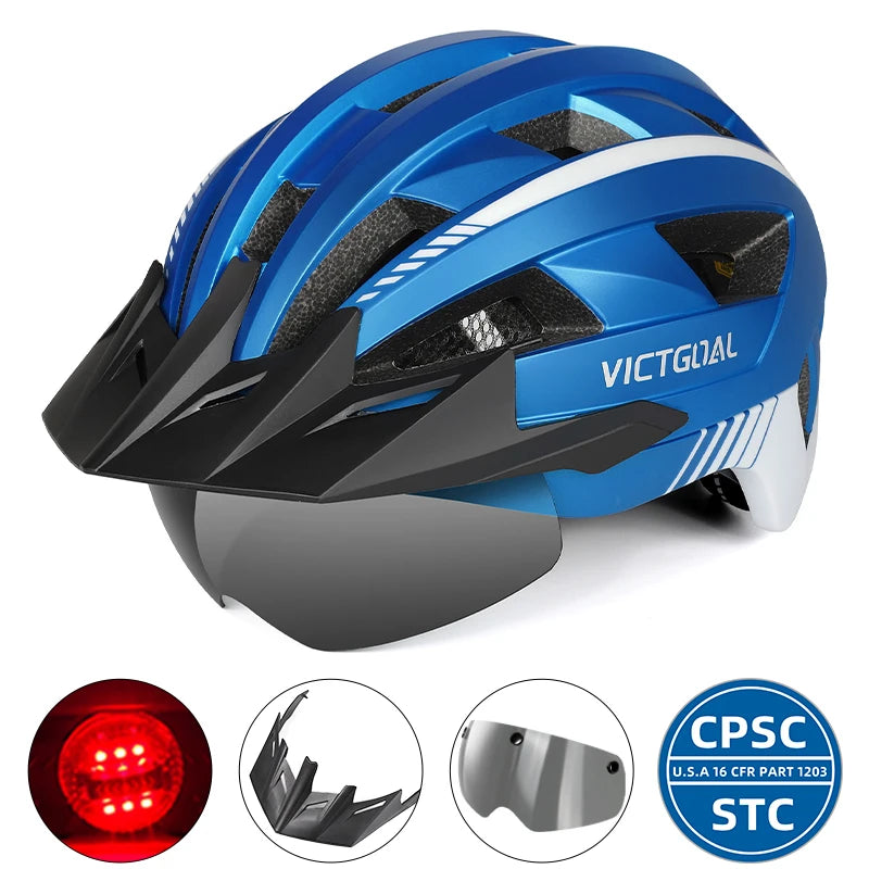 VICTGOAL MTB Road Bike Helmet for Men Women Visor Goggles LED Rear Light Mountain Bicycle Helmet Racing Safety Cycling Helmets