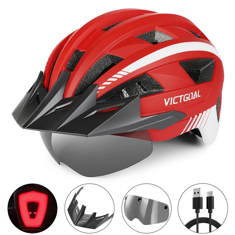 VICTGOAL MTB Road Bike Helmet for Men Women Visor Goggles LED Rear Light Mountain Bicycle Helmet Racing Safety Cycling Helmets