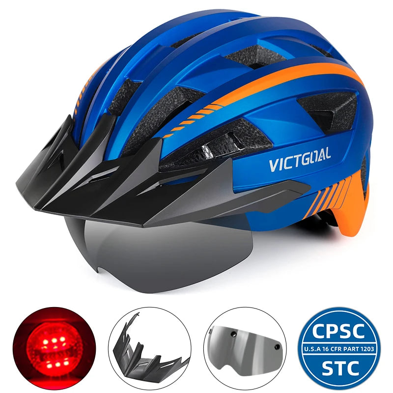 VICTGOAL MTB Road Bike Helmet for Men Women Visor Goggles LED Rear Light Mountain Bicycle Helmet Racing Safety Cycling Helmets