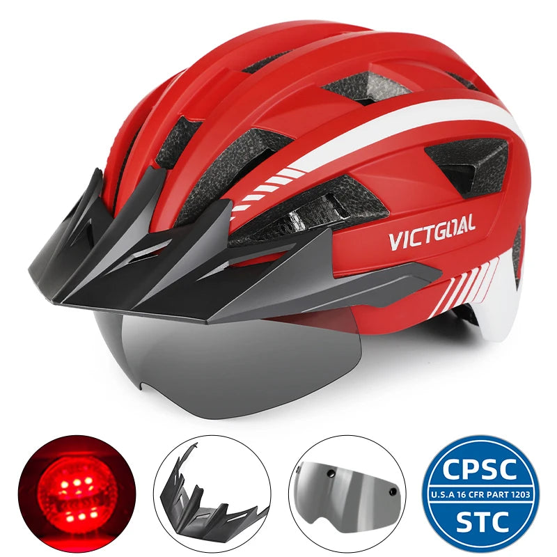 VICTGOAL MTB Road Bike Helmet for Men Women Visor Goggles LED Rear Light Mountain Bicycle Helmet Racing Safety Cycling Helmets