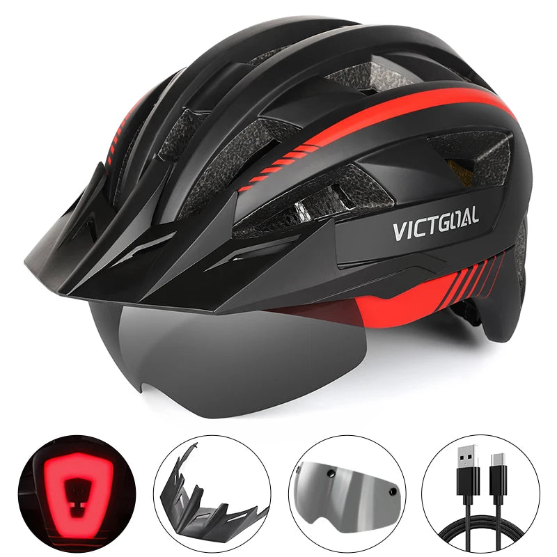 VICTGOAL MTB Road Bike Helmet for Men Women Visor Goggles LED Rear Light Mountain Bicycle Helmet Racing Safety Cycling Helmets