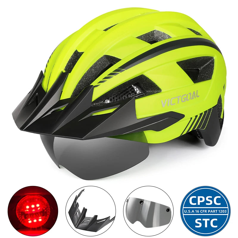 VICTGOAL MTB Road Bike Helmet for Men Women Visor Goggles LED Rear Light Mountain Bicycle Helmet Racing Safety Cycling Helmets