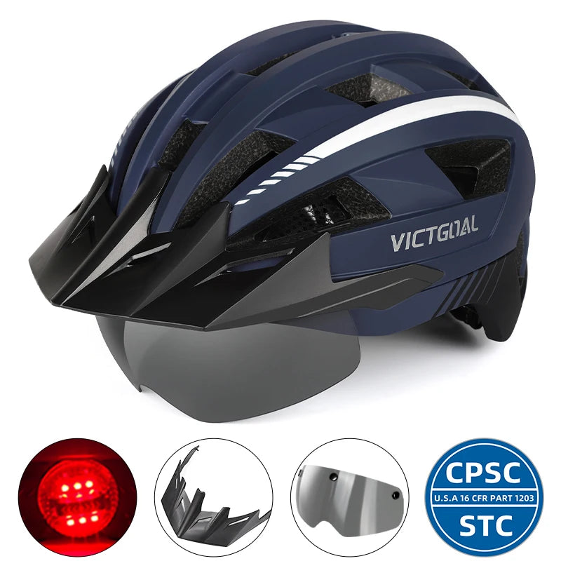 VICTGOAL MTB Road Bike Helmet for Men Women Visor Goggles LED Rear Light Mountain Bicycle Helmet Racing Safety Cycling Helmets