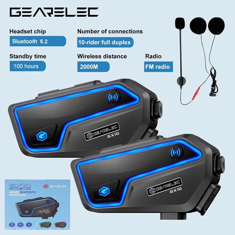 GEARELEC GX10 Motorcycle Intercom Helmet Bluetooth Headset 10 Riders