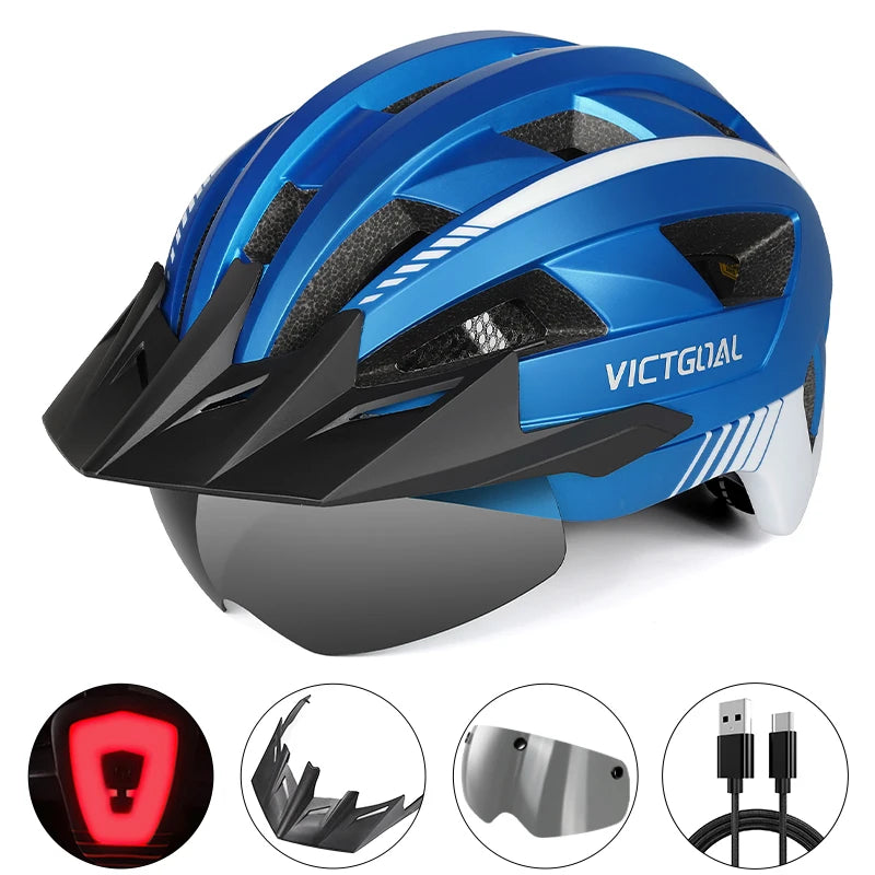 VICTGOAL MTB Road Bike Helmet for Men Women Visor Goggles LED Rear Light Mountain Bicycle Helmet Racing Safety Cycling Helmets