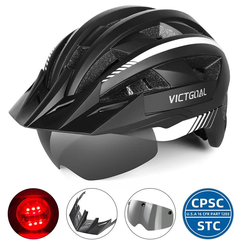 VICTGOAL MTB Road Bike Helmet for Men Women Visor Goggles LED Rear Light Mountain Bicycle Helmet Racing Safety Cycling Helmets