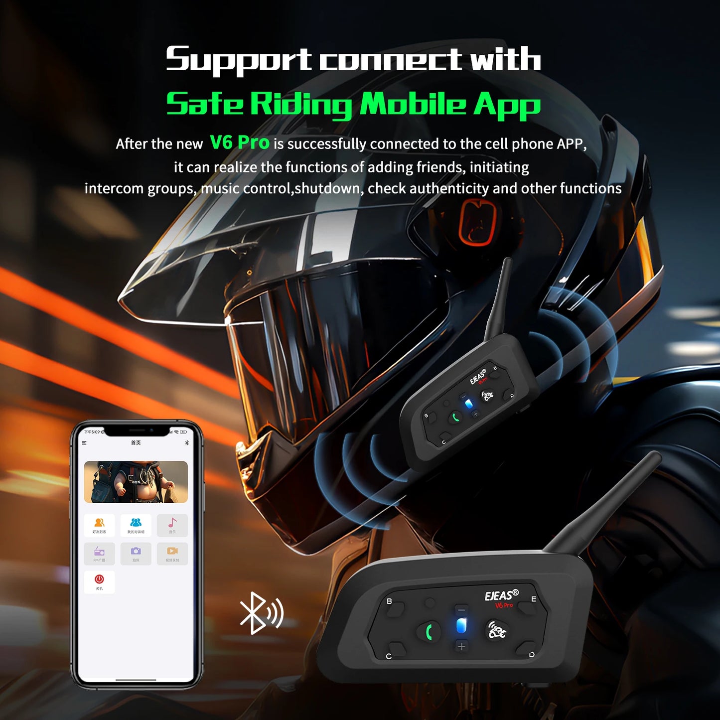 Ejeas V6 Pro Bluetooth Motorcycle Helmet Intercom 850mAh + Free Gift