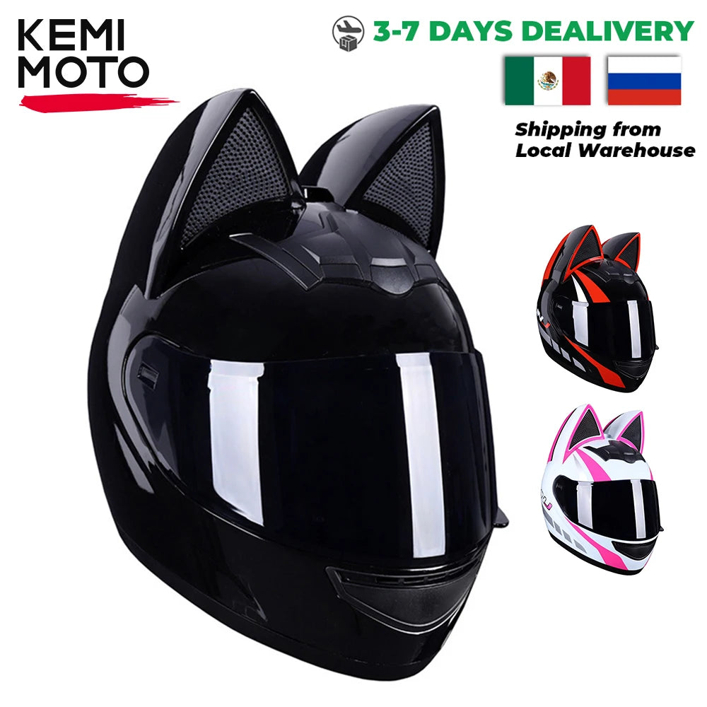 KemiMOTO Full Face Detachable Cat Ear Motorcycle Helmet DOT