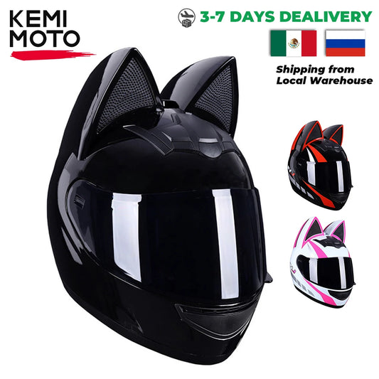 KemiMOTO Full Face Detachable Cat Ear Motorcycle Helmet DOT