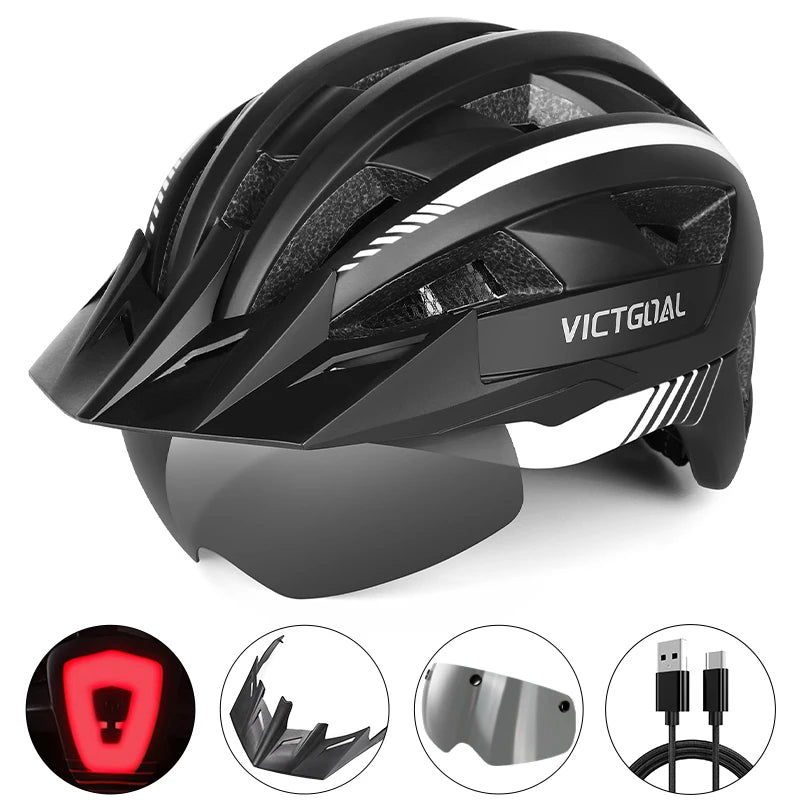 VICTGOAL MTB Road Bike Helmet for Men Women Visor Goggles LED Rear Light Mountain Bicycle Helmet Racing Safety Cycling Helmets