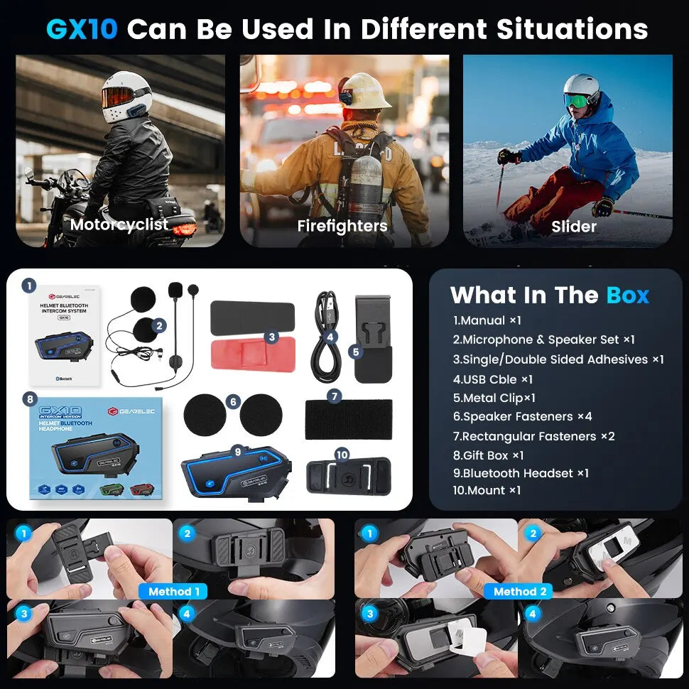 GEARELEC GX10 Motorcycle Intercom Helmet Bluetooth Headset 10 Riders