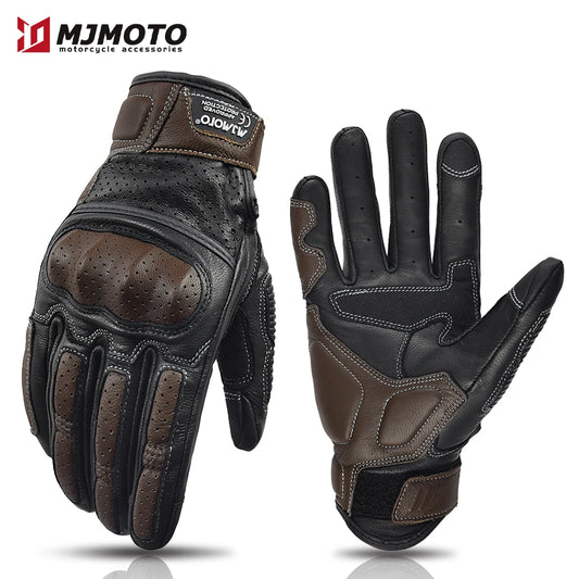 Vintage Leather Motorcycle Gloves CE Certification Summer Perforated Motorbike Racing Gloves Touch Screen Motocross Moto Gloves