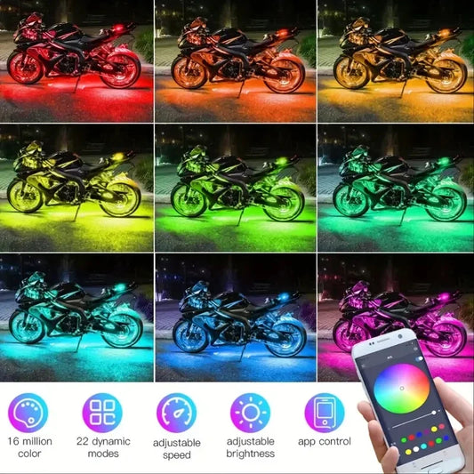 RGB Motorcycle LED Light Kits App Control Waterproof Lights For Motorcycles Music Scene Modes Motorcycle Underglow Lights Tools