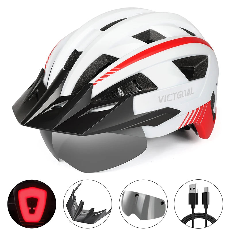 VICTGOAL MTB Road Bike Helmet for Men Women Visor Goggles LED Rear Light Mountain Bicycle Helmet Racing Safety Cycling Helmets