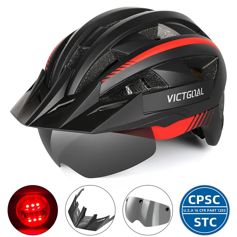 VICTGOAL MTB Road Bike Helmet for Men Women Visor Goggles LED Rear Light Mountain Bicycle Helmet Racing Safety Cycling Helmets