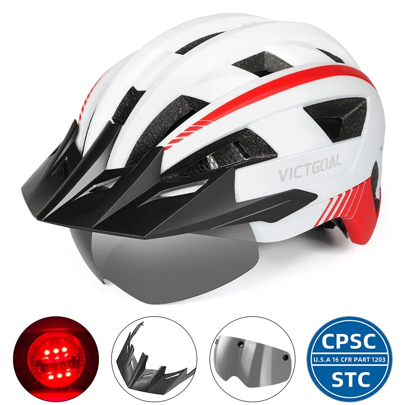 VICTGOAL MTB Road Bike Helmet for Men Women Visor Goggles LED Rear Light Mountain Bicycle Helmet Racing Safety Cycling Helmets