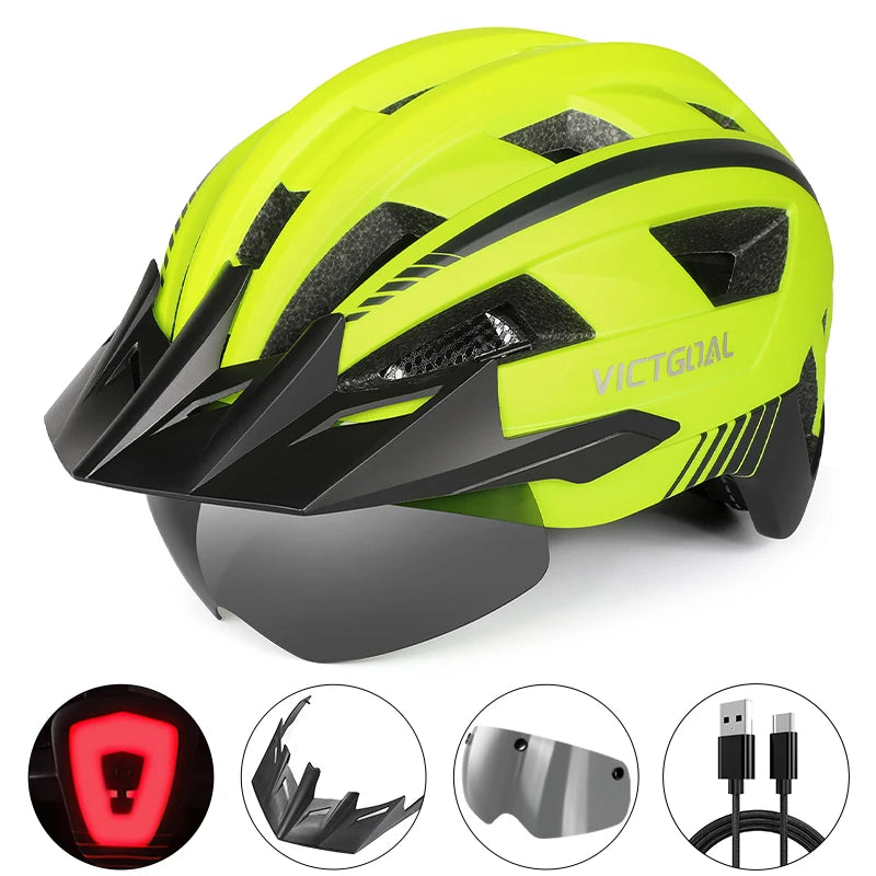 VICTGOAL MTB Road Bike Helmet for Men Women Visor Goggles LED Rear Light Mountain Bicycle Helmet Racing Safety Cycling Helmets